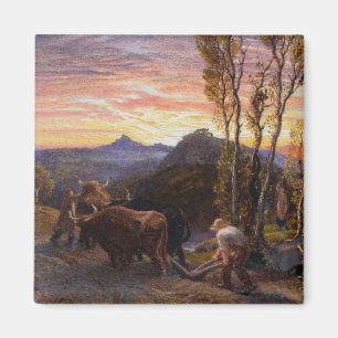 Imán Bueyes que aran en la puesta del sol (w/c en el