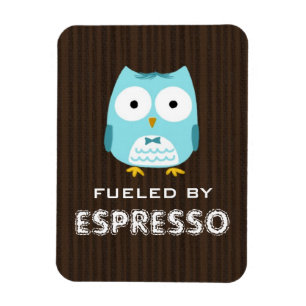 Imán Búho Azul Impulsado por Espresso (Texto Personaliz