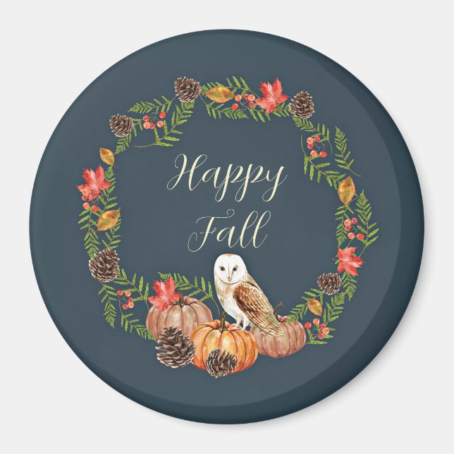 Imán Búho de otoño y calabazas con texto personalizable (Frente)