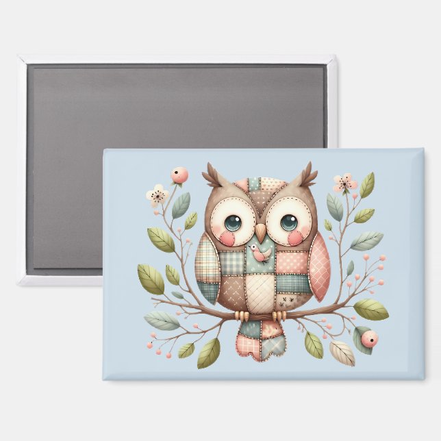 Imán Búho de patchwork en bosque caprichoso (Anverso/Reverso)