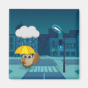 Imán Búho lindo con paraguas en el día de lluvias