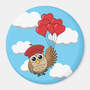 Imán Búho lindo volando con globos cardíacos