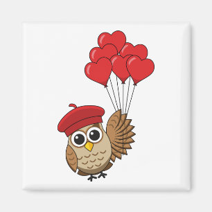 Imán Búho lindo volando con globos cardíacos