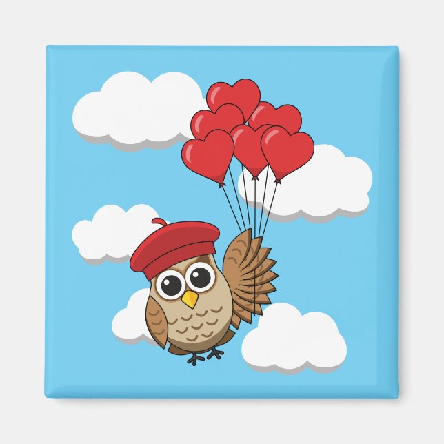 Imán Búho lindo volando con globos cardíacos (Frente)
