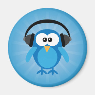 Imán Búho retro azul enrrollado con los auriculares