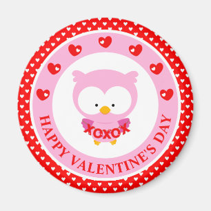 Imán Búho Rosa Lindo y Corazones Día de San Valentín