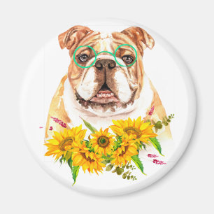 Imán Bulldog de acuarela y girasoles