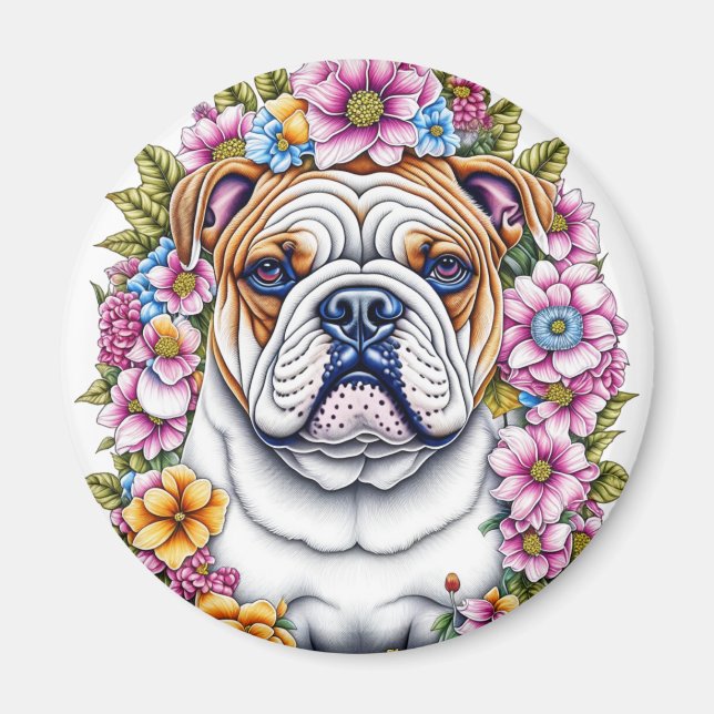Imán Bulldog de arte Ai rodeado de flores musicales (Frente)