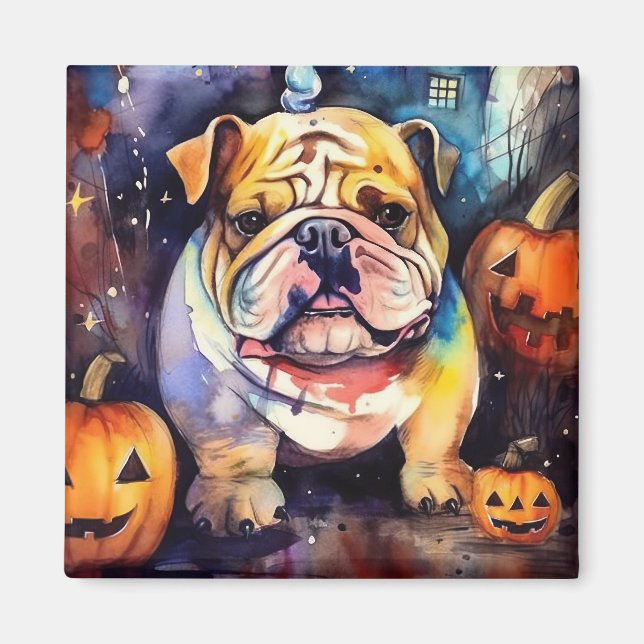 Imán Bulldog de Halloween con calabazas temerosas (Frente)