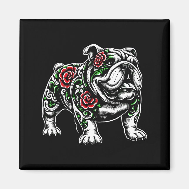Imán Bulldog Floral Red Rose Mens Womens  (Frente)