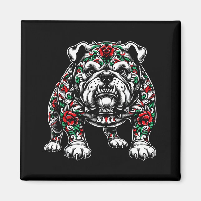 Imán Bulldog Floral Red Rose Mens Womens  (Frente)