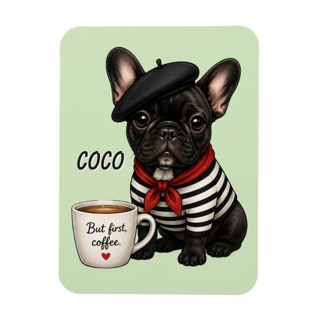 Imán Bulldog Francés con café (Vertical)