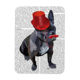 Imán Bulldog francés con sombrero rojo y bigote