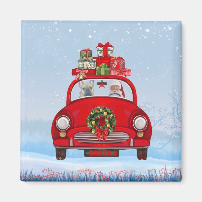 Imán Bulldog francés en coche con Papá Noel  (Frente)