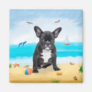 Imán Bulldog francés en la playa