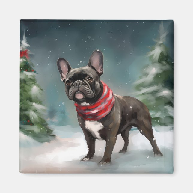 Imán Bulldog Francés en Navidad Nieve (Frente)