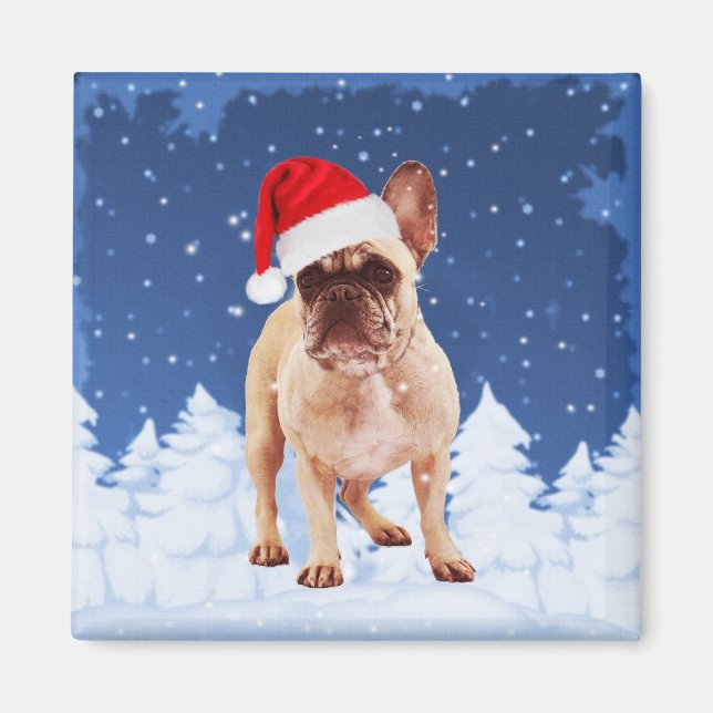 Imán Bulldog francés en Navidades de nieve con Santa Ha (Frente)