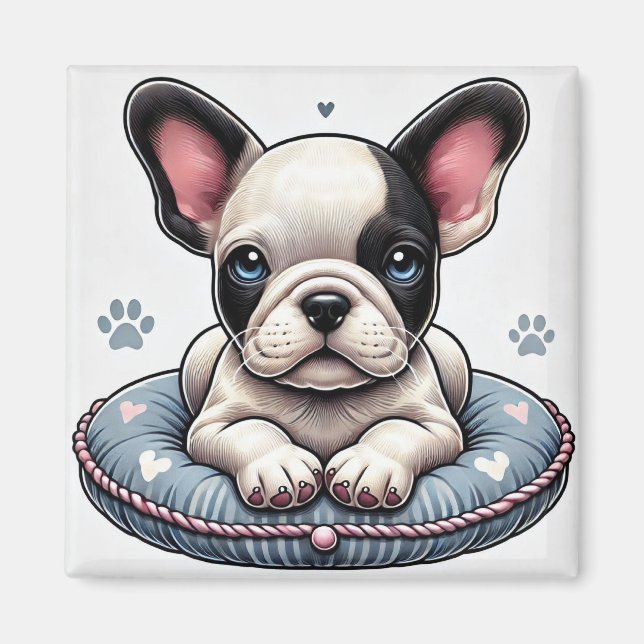Imán Bulldog francés en un Cushion con tema cardíaco (Frente)