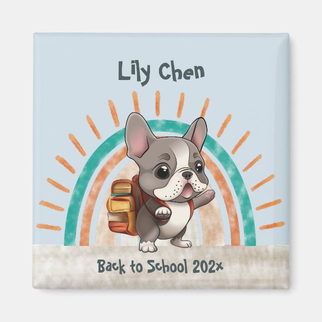 Imán Bulldog francés lindo de vuelta al arco iris escol (Frente)