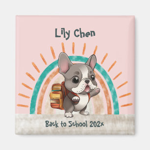 Imán Bulldog francés lindo de vuelta al arco iris escol