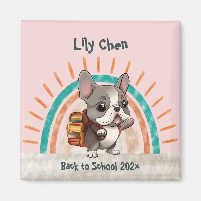 Imán Bulldog francés lindo de vuelta al arco iris escol (Frente)
