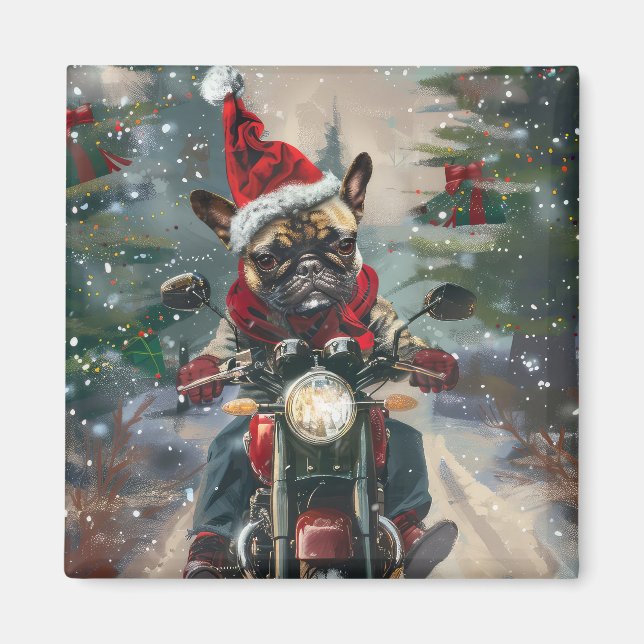 Imán Bulldog Francés Montando Motocicleta Navidad (Frente)