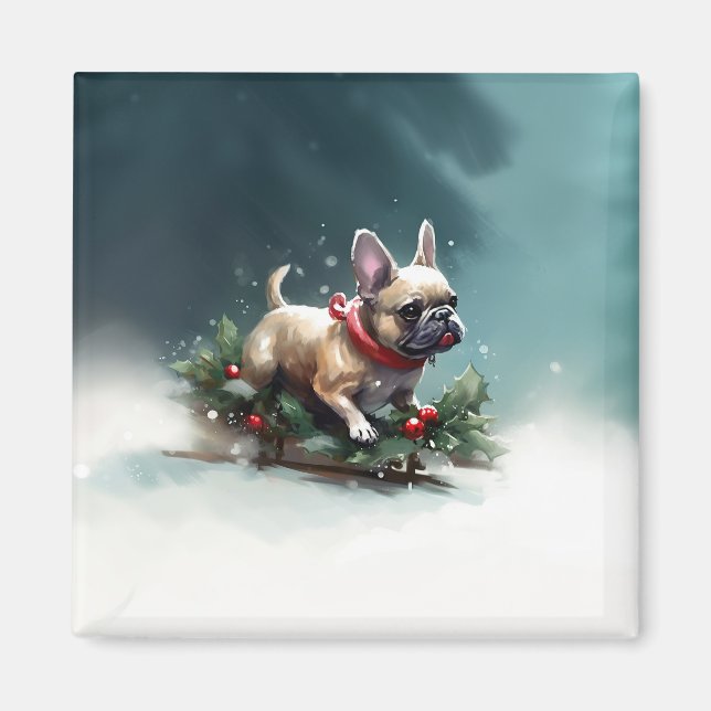 Imán Bulldog Francés Navidad nieve invierno (Frente)