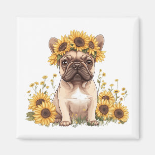 Imán Bulldog francés rodeado de girasoles