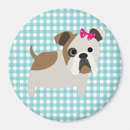 Imán Bulldog francés sobre diseño de Gingham azul y bla