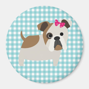 Imán Bulldog francés sobre diseño de Gingham azul y bla
