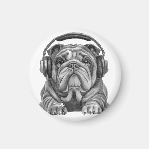 Imán Bulldog inglés con auriculares