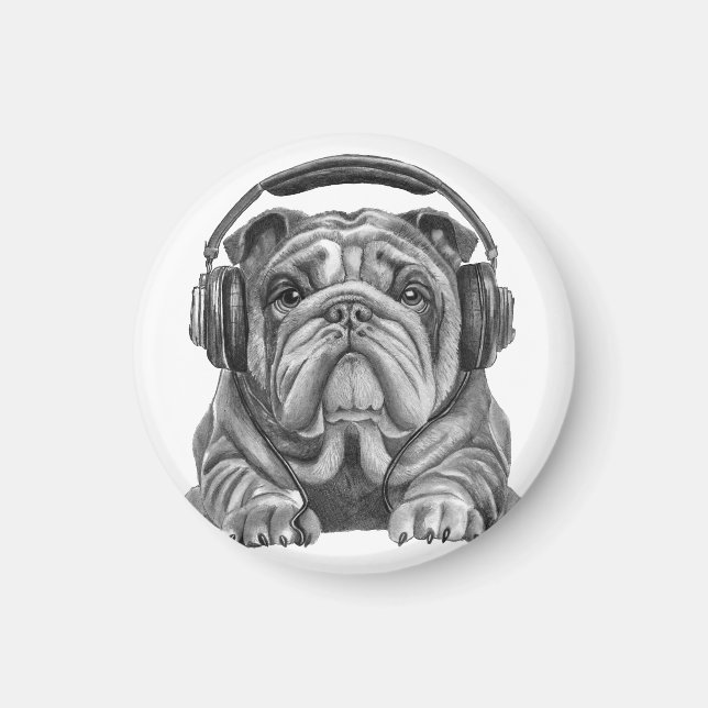 Imán Bulldog inglés con auriculares (Frente)