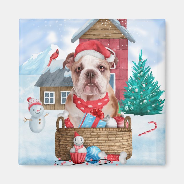 Imán Bulldog inglés en casa de perros de Navidades de n (Frente)
