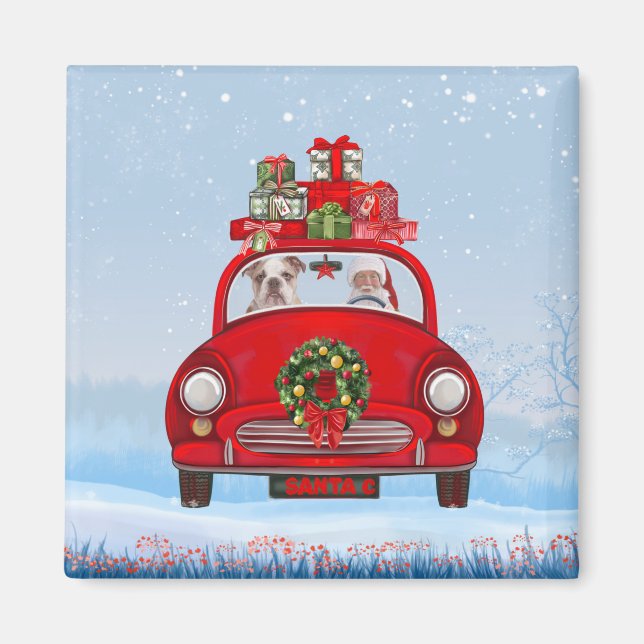 Imán Bulldog Inglés En Coche Con Santa Claus (Frente)