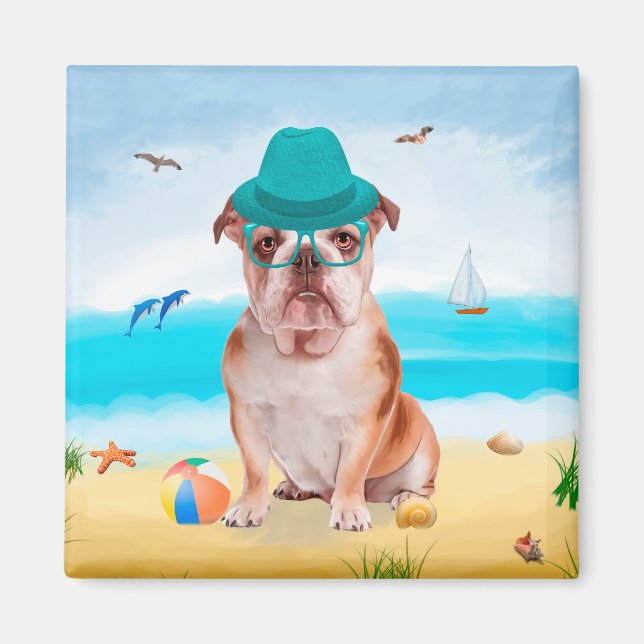 Imán Bulldog inglés en la playa (Frente)
