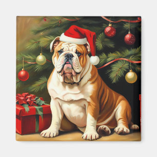 Imán Bulldog inglés en Santa hat,