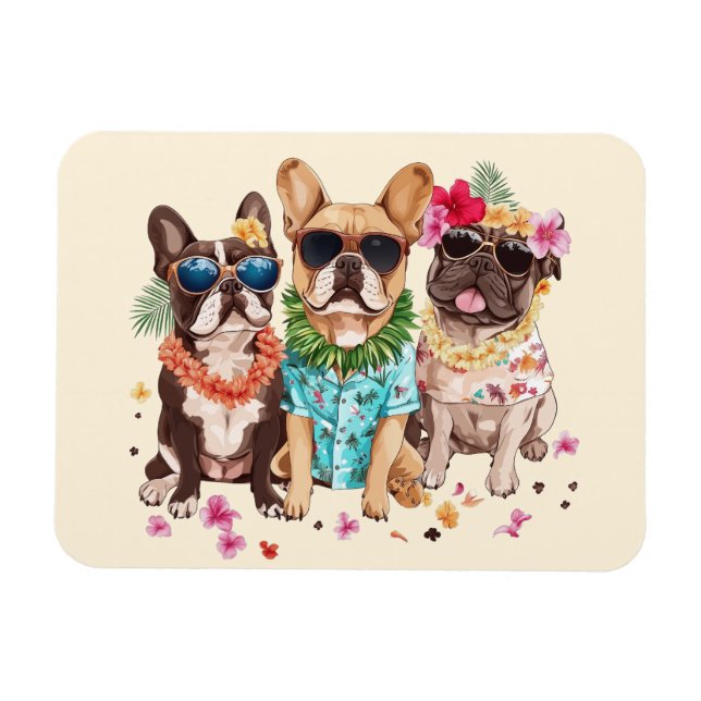 Imán Bulldogs franceses hawaianos con flores Lei (Horizontal)