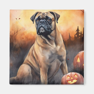 Imán Bullmastiff de Halloween con calabazas aterradoras