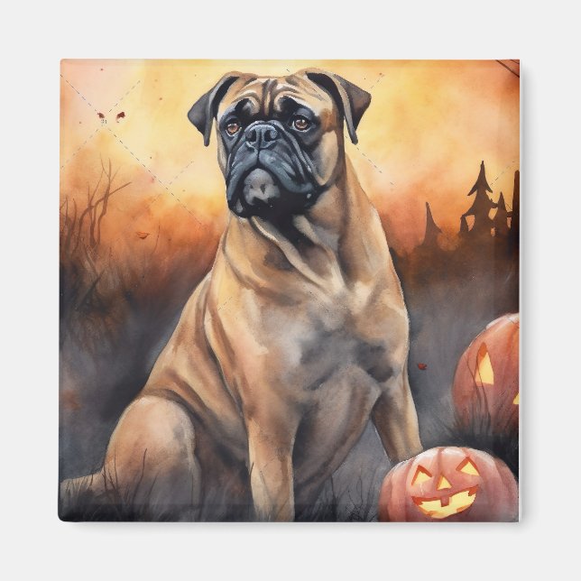 Imán Bullmastiff de Halloween con calabazas aterradoras (Frente)
