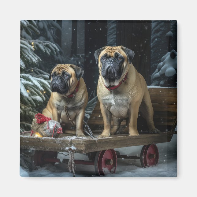 Imán Bullmastiff Decoración de Navidades Snowy Sleigh (Frente)