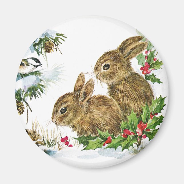 Imán Bunnies y aves disfrutan de la nieve de los Navida (Frente)