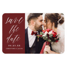 Imán Burgundy Elegant Script Photo Save the Date Magnet