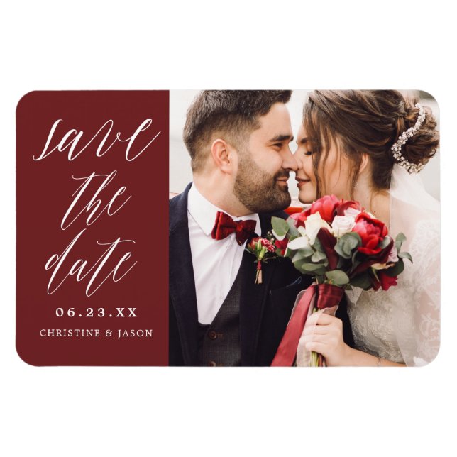 Imán Burgundy Elegant Script Photo Save the Date Magnet (Horizontal)