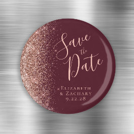 Imán Burgundy Rose Gold Glitter Script Salva la Fecha