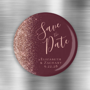 Imán Burgundy Rose Gold Glitter Script Salva la Fecha