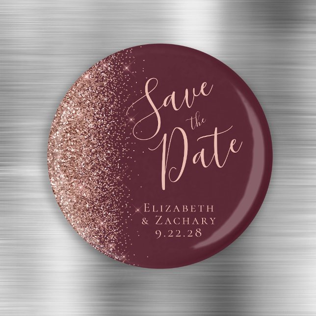 Imán Burgundy Rose Gold Glitter Script Salva la Fecha (Subido por el creador)
