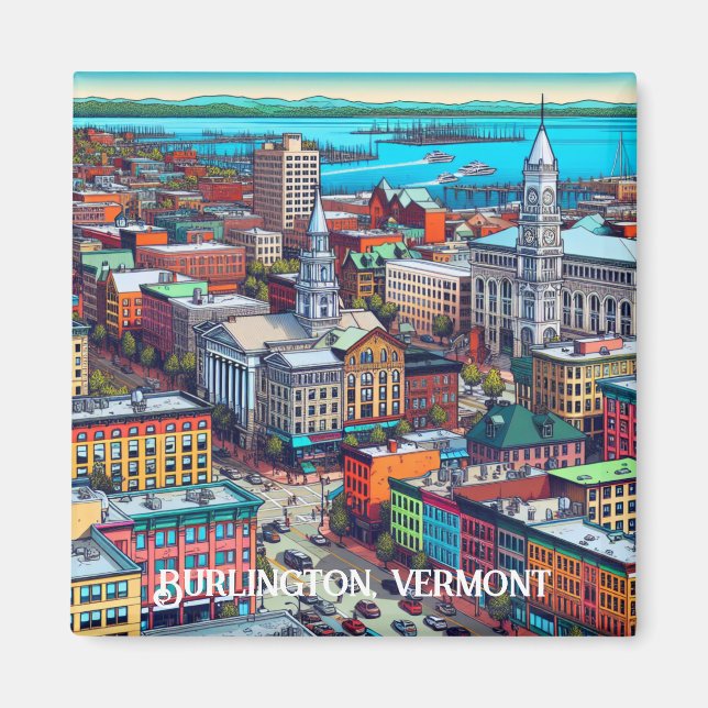 Imán Burlington, Vermont Comic Book Style Art (Frente)