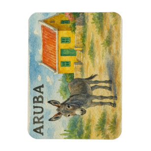 Imán Burro de Aruba con casa cunucu amarilla acuarela