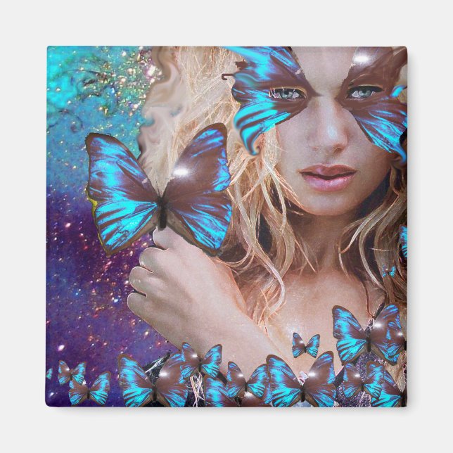 IMÁN BUTTERFLTA AZUL EN VERDE AZULADOS DERRAMES DE ORO  (Frente)