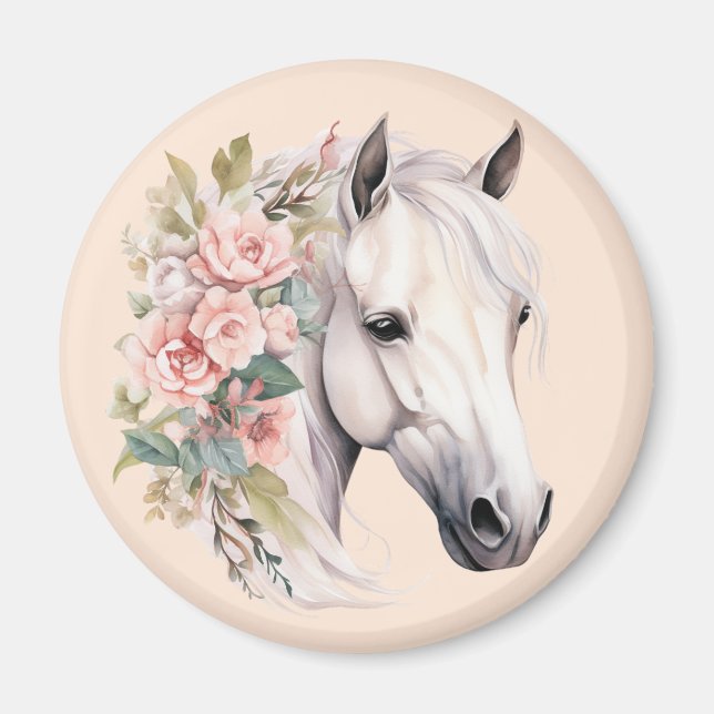 Imán Caballo Blanco Bonito Flores Rosadas Elegante y Ca (Frente)
